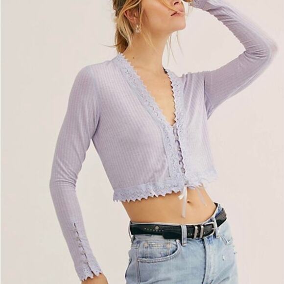 Free People Purple Third Date Ribbed Lace Top - Picture 1 of 12